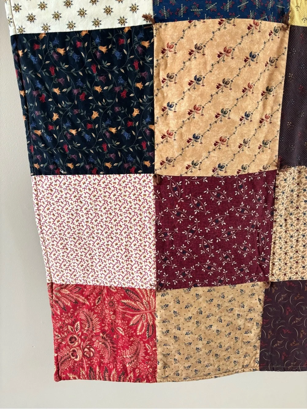 Vintage Patchwork Quilt Throw in Mustard, Burgundy & Navy - Unbranded